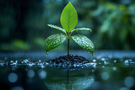 A young plant with vibrant green leaves flourishes amidst rain, symbolizing growth and resilience. the raindrops glisten on the leaves and moist soil, reflecting themes of renewal, nature, and sustainability, with a blurred green background enhancing the serene atmosphere. Generative AIの素材