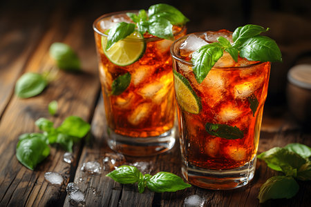 Two glasses filled with a refreshing summer drink sit on a rustic wooden table. the glasses feature ice cubes and lime slices, garnished with fresh basil leaves, creating a vibrant, inviting atmosphere. Generative AIの素材