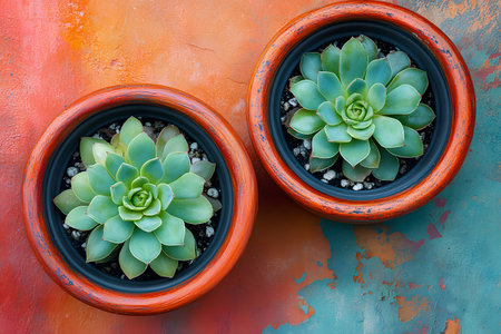 Two lush green succulents are displayed in round terracotta pots, positioned against a vibrant, textured orange and teal background. the top-down perspective highlights the plants' geometric patterns and rich colors, creating a visually appealing design element ideal for home decor or gardening themes. Generative AIの素材