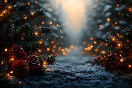 A serene winter scene featuring pine branches adorned with warm, glowing lights and pinecones, set against a softly blurred, snowy forest background. bokeh effects enhance the magical, festive ambiance. Generative AIの素材