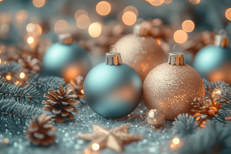 Festive scene featuring shimmering gold and blue christmas ornaments nestled among evergreen branches and pinecones. a backdrop of warm bokeh lights enhances the holiday atmosphere, creating a cozy and elegant seasonal display. Generative AIの素材