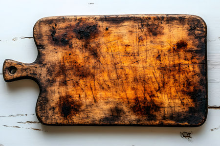 Vintage wooden cutting board displaying a rustic, textured surface with burn marks. set against a white background, it highlights natural wood patterns. ideal for culinary-themed presentations or kitchen decor. Generative AIの素材