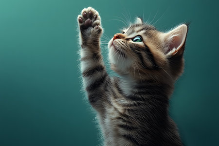 A charming tabby kitten with bright eyes is playfully reaching upward against a smooth teal background. the image beautifully innocence and curiosity of young cats, the kitten's soft fur and endearing expression. Generative AIの素材