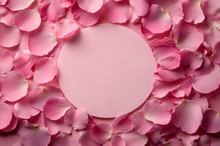 Pink rose petals arranged around a central circular space create an elegant floral background. this setup is ideal for design projects, branding, or event invitations, offering a romantic and delicate visual accent. Generative AIの素材