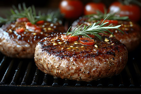 Close-up of juicy, grilled beef patties topped with cherry tomatoes and fresh rosemary sprigs on a bbq grill. perfect for summer bbqs, offering a savory visual appeal for culinary promotions. Generative AIの素材