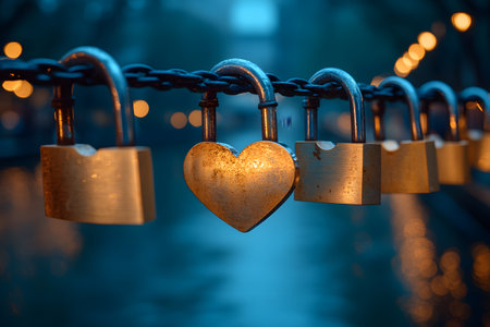A heart-shaped love lock stands out among standard padlocks on a chain, illuminated by a soft, romantic glow near a body of water. the blurred lights in the background enhance the serene ambiance, symbolizing love and commitment. Generative AIの素材