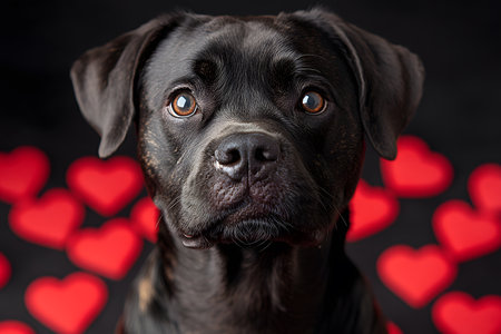 Close-up of a black dog with expressive eyes against a background of red heart shapes. the warm, loving atmosphere is ideal for valentine's day greetings or pet-related designs, showcasing affection and companionship. Generative AIの素材