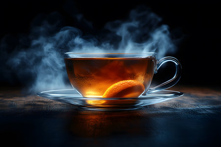Steaming herbal tea served in a glass cup exudes warmth, highlighted by a bright citrus slice. the dimly lit background accentuates the cozy ambiance, ideal for winter comfort and relaxation themes. Generative AIの素材