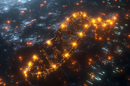 A glowing digital dna strand is set against a dark, cybernetic background, emphasizing futuristic biotechnology concepts. illuminated data points and network connections create a high-tech, innovative atmosphere. Generative AIの素材