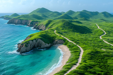 A breathtaking aerial view showcases a serene coastline featuring vivid turquoise waters and an inviting sandy beach. the scene is framed by lush, verdant hills under a bright blue sky, embodying tranquility and natural beauty. Generative AIの素材