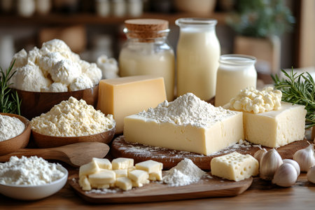 A diverse selection of dairy products including various cheeses, milk, and cream displayed on a wooden table. ingredients like garlic and rosemary add to the gourmet appeal, ideal for cooking inspiration or food-related designs. Generative AIの素材