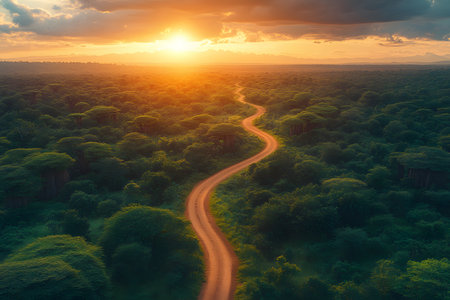 A winding path meanders through a vibrant, lush forest bathed in the warm glow of a setting sun. the horizon features majestic mountains under dramatic clouds, creating a serene and picturesque landscape. Generative AIの素材