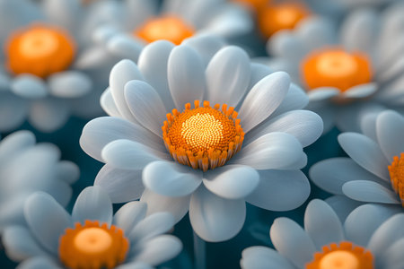 Vibrant daisies in bloom feature soft white petals and bold orange centers, creating a striking contrast. perfect for nature-themed posters, prints, and designs focused on floral beauty and tranquility. Generative AIの素材
