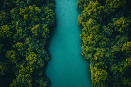 A tranquil aerial perspective of a vibrant turquoise river winding through dense, lush green forest. the harmonious blend of natural colors and serene landscape conveys an untouched and peaceful wilderness scene. Generative AIの素材