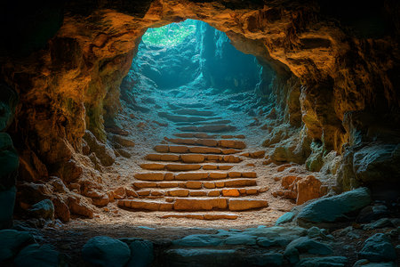 Stone steps lead up through an enchanting cave, illuminated by soft natural light at the entrance. the warm and cool tones of the cave walls create a mysterious and inviting atmosphere, evoking adventure and exploration. Generative AIの素材