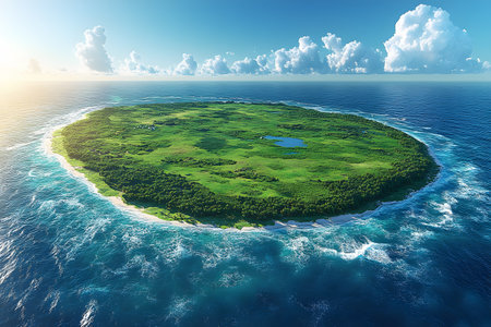 Aerial view of a lush, green tropical island encircled by the vibrant blue ocean under a sky dotted with fluffy clouds. the island features dense vegetation, clear waters, and sandy beaches, ideal for themes of travel and adventure. Generative AIの素材