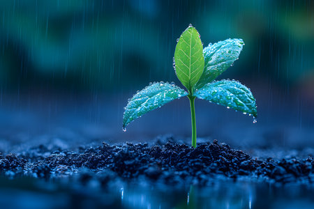 A vivid close-up of a young sprout on rich soil, adorned with raindrops. the image symbolizes growth, renewal, and nature s resilience, the beauty and vitality of new beginnings. perfect for environmental and ecological themes. Generative AIの素材