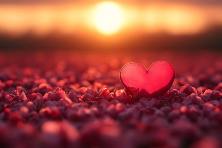 A heart shape placed amidst vibrant flower petals, set against the backdrop of a stunning sunset. the warm hues of the sunset enhance the romantic ambiance, perfect for themes of love, romance, and valentine's day. Generative AIの素材