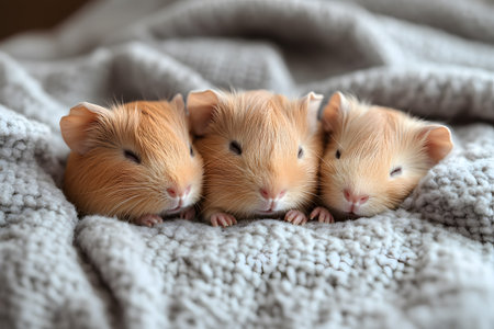 Three young guinea pigs rest peacefully side by side on a soft, textured gray blanket. their eyes are closed, accentuating a serene, tranquil scene perfect for themes of comfort, warmth, and companionship. Generative AIの素材