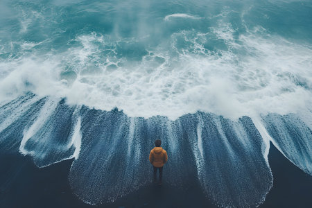 A solitary figure stands on a striking black sand beach, gazing at the crashing ocean waves. the contrast of the dark shore and foamy waves creates a tranquil, introspective atmosphere ideal for themes of solitude and nature's majesty. Generative AIの素材