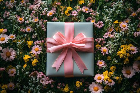 A beautifully wrapped gift box with an elegant pink satin ribbon rests on a vibrant bed of wildflowers, featuring daisies and yellow blossoms. the composition creates a springtime theme, ideal for celebrations and gifting occasions. Generative AIの素材