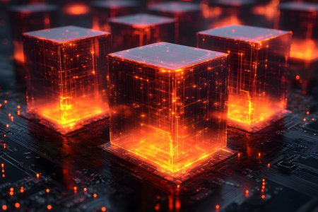 Glowing cubes rest atop a detailed circuit board, representing the intersection of futuristic technology and digital innovation. the warm, radiant light of the cubes contrasts with the cool circuitry intricately etched below. Generative AIの素材