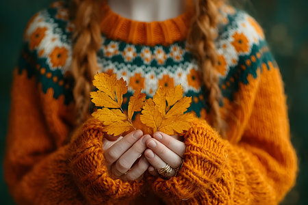 Hands holding vivid yellow autumn leaves, emphasizing the warmth and texture of a knitted orange sweater. the scene embodies autumn comfort, natural beauty, and seasonal change against a blurred background. Generative AIの素材