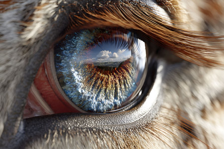 A close-up view of a tiger's eye reflecting a serene natural landscape. the vivid details highlight the textures and colors of the tiger's fur, showcasing the intricate beauty of wildlife and the mesmerizing fusion of nature within an animal. Generative AIの素材