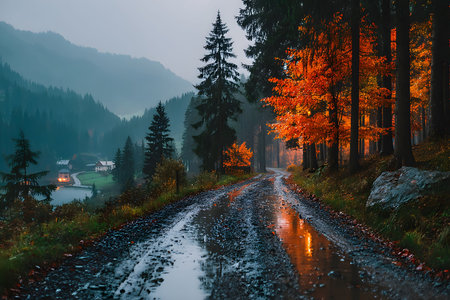 Misty autumn evening along a forest road, lined with vibrant orange foliage beside reflective puddles. the soft light creates a tranquil atmosphere, capturing the transition of seasons in a secluded, picturesque setting. Generative AIの素材
