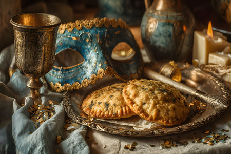 Vintage-style scene featuring a blue masquerade mask, ornate goblet, and decorative cookies on a silver platter. set against a warm, candlelit background, evoking themes of elegance, mystery, and celebration. Generative AIの素材