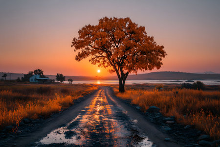 A serene rural landscape features a solitary golden-hued tree along a dirt path at sunset. the sky is ablaze with warm hues, reflecting in puddles along the path. a calm lake and farmhouse complete this tranquil autumn scene. Generative AIの素材