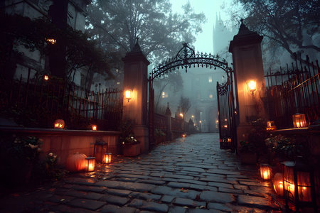 A misty evening scene featuring a cobblestone pathway lined with glowing lanterns, leading to a grand gothic mansion. the atmosphere is enchanting and mysterious, with wrought-iron gates and looming trees framing the scene. Generative AIの素材