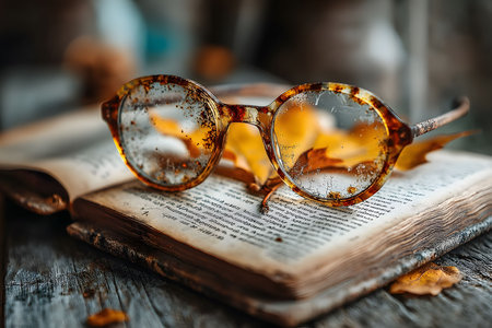 Vintage glasses rest on a weathered open book, surrounded by autumn leaves. the warm, rustic tones and delicate details evoke a sense of nostalgic autumn tranquility, perfect for cozy decor or seasonal designs. Generative AIの素材