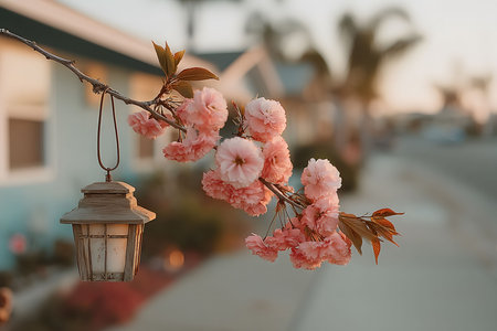 A tranquil spring evening scene featuring delicate pink cherry blossoms on a branch, with a rustic lantern gently hanging. the soft-focus background of a suburban street adds to the peaceful ambiance. Generative AIの素材