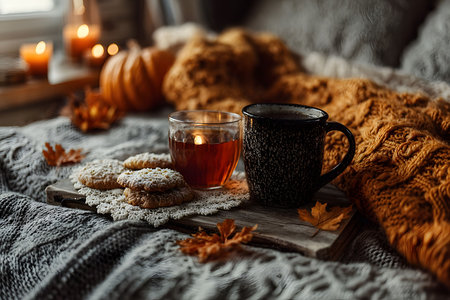 A warm, inviting autumn scene features a black mug and a glass cup of tea on a knitted blanket. accompanied by cookies, candles, autumn leaves, and a pumpkin, the setting evokes a cozy, seasonal atmosphere perfect for relaxation and comfort. Generative AIの素材