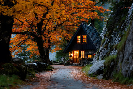 A charming cabin nestled in a serene autumn forest surrounded by vibrant orange foliage. warm light emanates from the windows, creating a cozy and inviting atmosphere amidst the rugged, natural landscape. Generative AIの素材