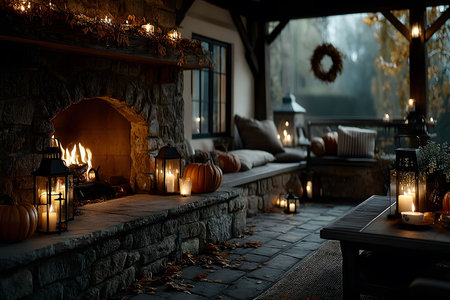 A charming rustic porch adorned with flickering candle lanterns, pumpkins, and a warm fireplace. soft cushions invite relaxation amidst the ambiance of an autumn evening, with fallen leaves enhancing the seasonal atmosphere. Generative AIの素材