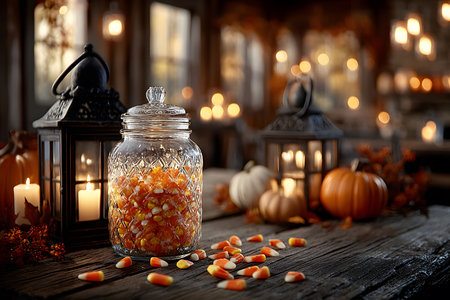 A glass jar filled with candy corn is prominently displayed on a rustic wooden table, surrounded by decorative lanterns and pumpkins. soft, warm lighting creates a cozy autumn atmosphere ideal for halloween decor inspiration. Generative AIの素材
