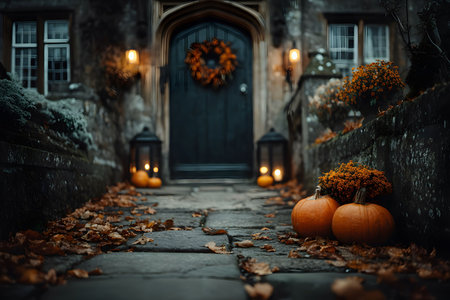 Charming autumn porch featuring pumpkins and lanterns, perfect for a halloween or fall-themed setting. the warm glow from the lanterns and the rustic wreath on the door create a welcoming, seasonal ambiance. Generative AIの素材