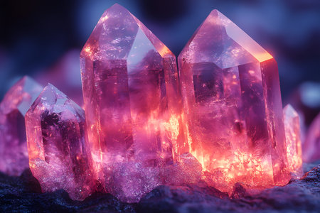 Luminous amethyst crystals form an enchanting and mystical landscape, displaying vibrant hues and natural formations. these striking gemstones emanate a serene energy, making them perfect for holistic and interior design applications. Generative AIの素材