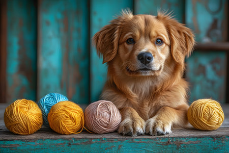 A charming brown dog with a fluffy coat sits in front of a row of colorful yarn balls, including blue, yellow, and beige. the rustic teal wooden background enhances the cozy and creative atmosphere, ideal for pet-related and craft designs. Generative AIの素材