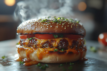 Mouthwatering cheeseburger featuring a grilled beef patty with melted cheese and fresh tomato slices, garnished with herbs. perfect for food photography, restaurant menus, or culinary promotions. Generative AIの素材