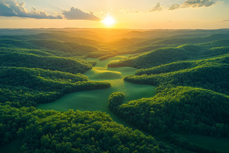Aerial view of lush green hills basking in the warm glow of a setting sun, creating a serene and tranquil landscape. the rolling forested terrain stretches to the horizon, the beauty of nature's curves and colors. Generative AIの素材