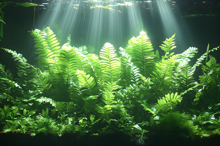Sunlight streams through water, vibrant green ferns in an underwater environment. the glowing fronds create a serene and natural aquatic landscape, perfect for nature and botany themes. Generative AIの素材
