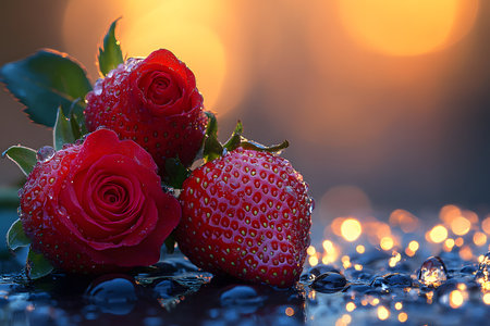 Red roses and strawberries adorned with water droplets create a romantic composition against a golden sunset backdrop. the scene is perfect for themes of love, romance, and special occasions like valentine's day. Generative AIの素材