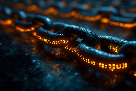 Close-up view of a digital chain with glowing binary code, representing blockchain technology. the dark and futuristic ambiance highlights innovation, connectivity, and data security in the digital era. Generative AIの素材