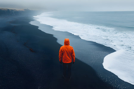 A solitary figure in a vibrant orange jacket stands on a foggy black sand beach, gazing at the ocean waves. the overcast sky and misty atmosphere create a serene and introspective scene, ideal for travel and adventure themes. Generative AIの素材