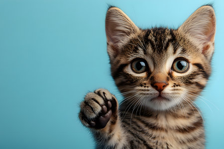 A charming tabby kitten gazes intently with its paw raised against a soft blue background. perfect for animal-themed projects, this image highlights the kitten's expressive eyes and playful nature. Generative AIの素材