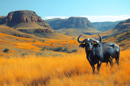 African buffalo stands prominently amid sunlit grasslands with rugged mountains in the backdrop. the scene serene yet powerful presence of wildlife in its natural habitat, the dramatic landscape. Generative AIの素材