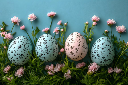 Pastel-colored speckled easter eggs nestled among vibrant pink flowers and lush green foliage on a soothing blue background, creating a perfect springtime scene for festive decorations or greeting cards. Generative AIの素材